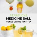 Ingredienti del tè alla menta e agli agrumi di Starbucks con la palla medica e la bevanda.
