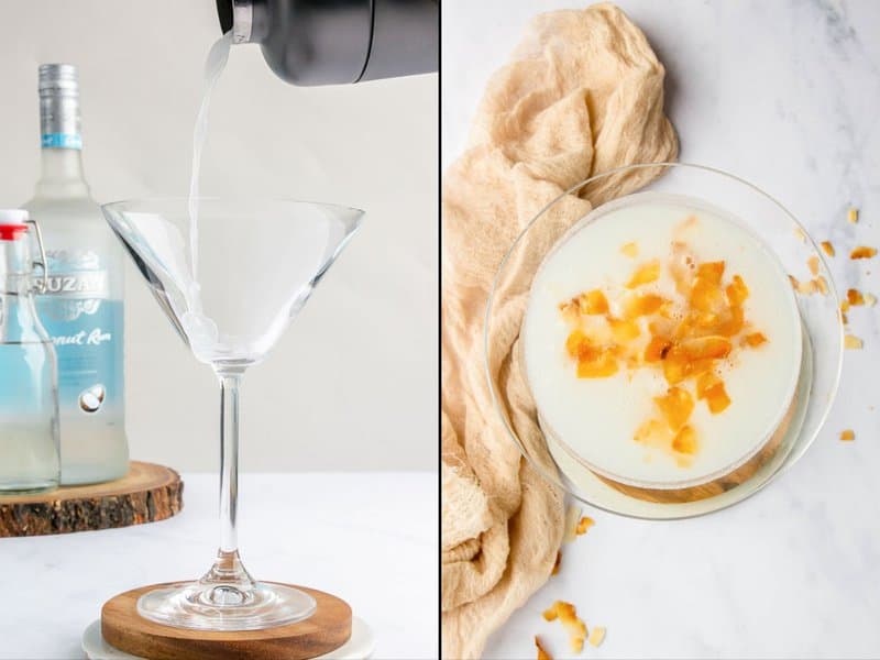 pouring coconut cloud martini into a glass and topping with toasted coconut flakes.