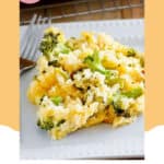 a serving of broccoli cheese rice casserole on a plate.
