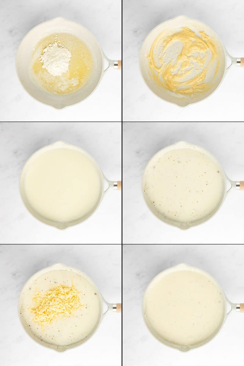 collage of brussels sprouts au gratin cheese sauce recipe steps.