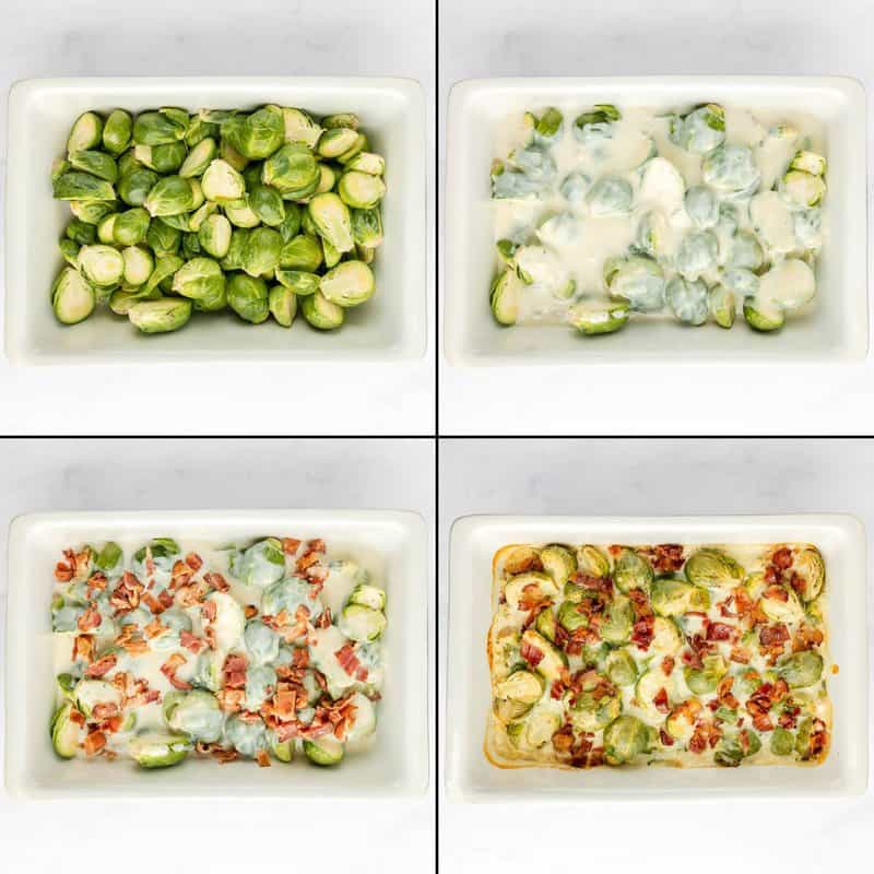 collage of brussels sprouts au gratin recipe steps.