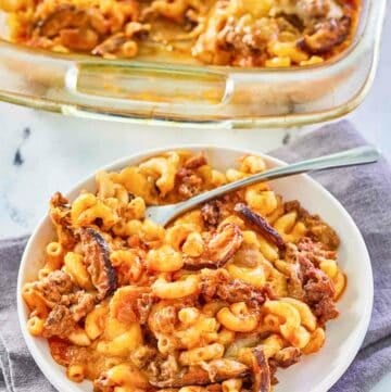 cheeseburger casserole on a plate and in a baking dish.