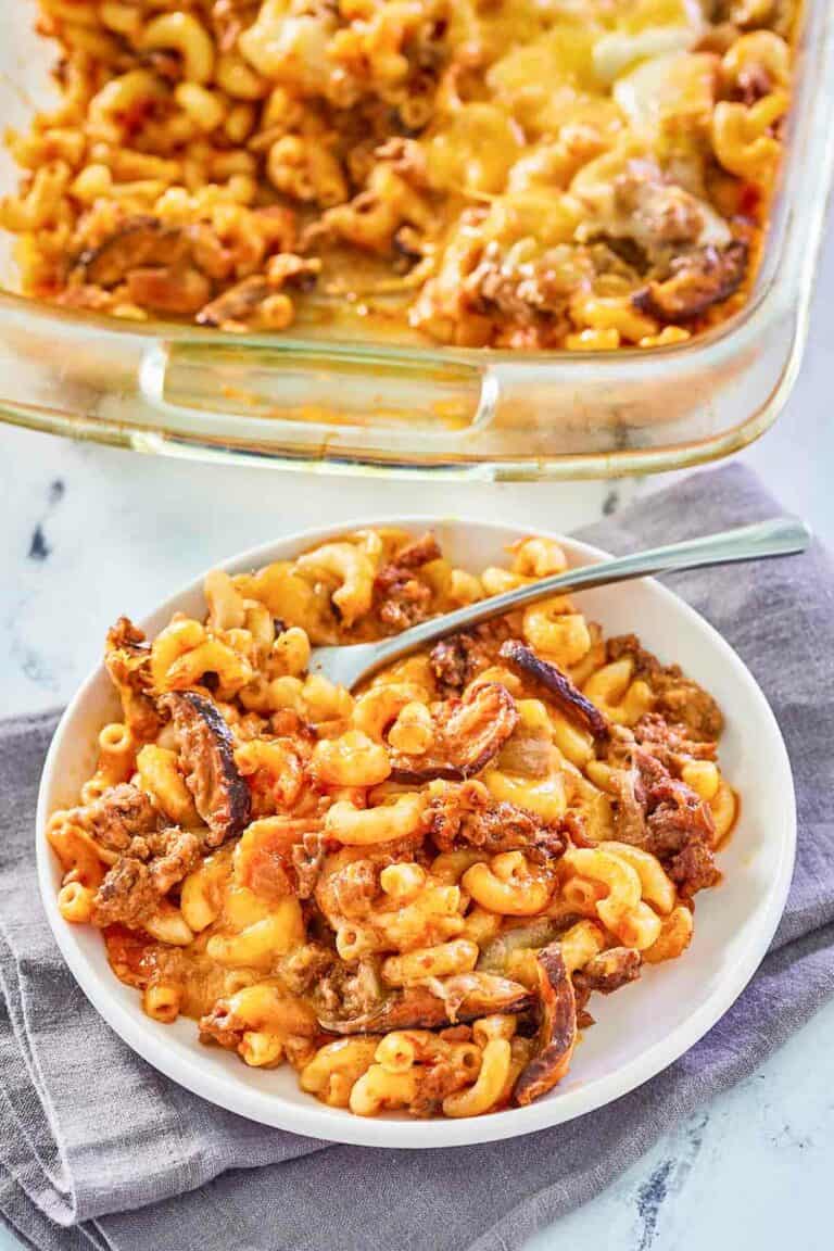 cheeseburger casserole on a plate and in a baking dish.