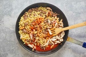 cheeseburger casserole mixture in a skillet.