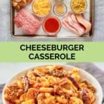 cheeseburger casserole ingredients and a serving on a plate.