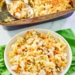 chicken noodle casserole on a plate and in a baking pan.