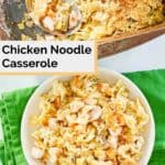 overhead view of chicken noodle casserole in a baking dish and on a plate.