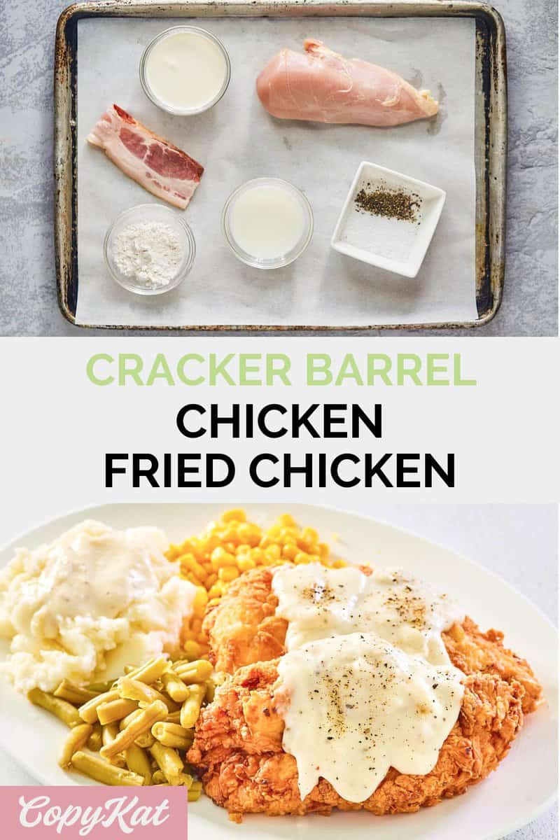 Cracker Barrel chicken fried chicken and gravy ingredients and the finished dish.