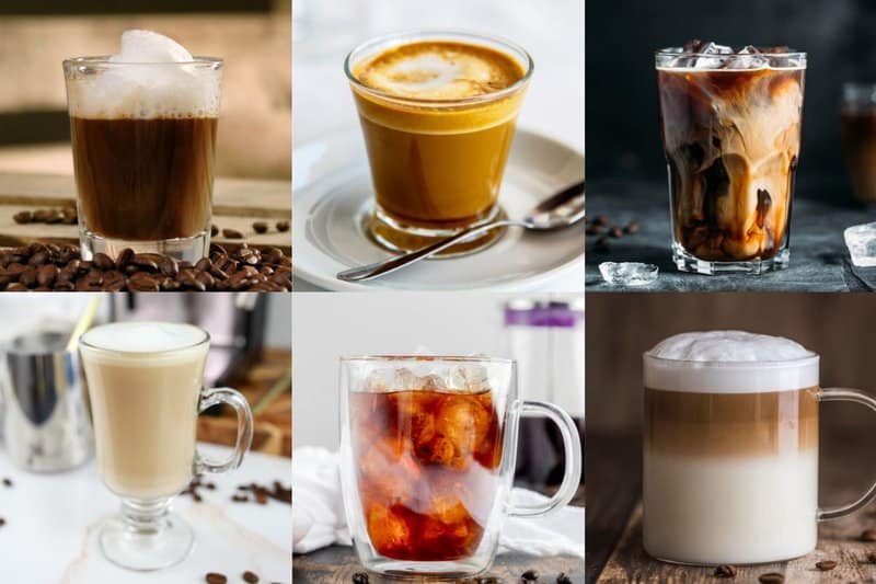 collage of six fancy coffee and espresso drinks.