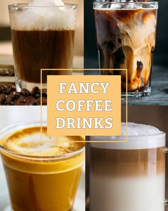 collage of four fancy coffee drinks.