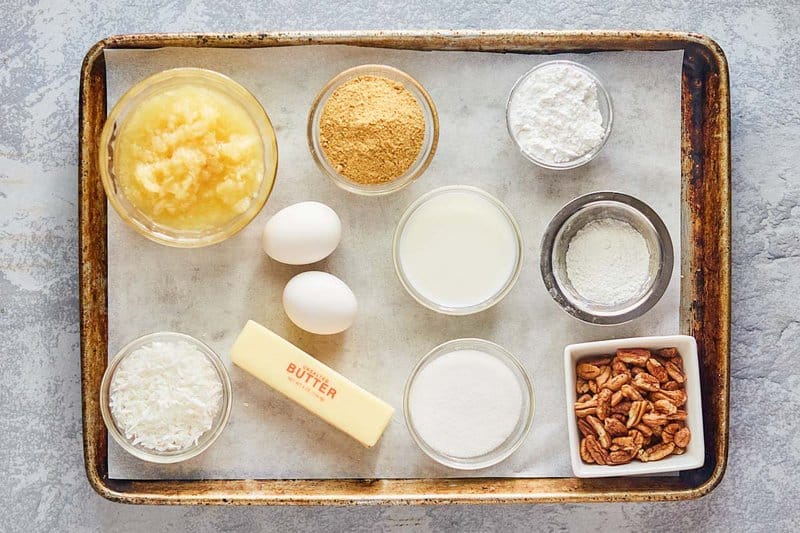 Hawaiian cake ingredients on a tray.