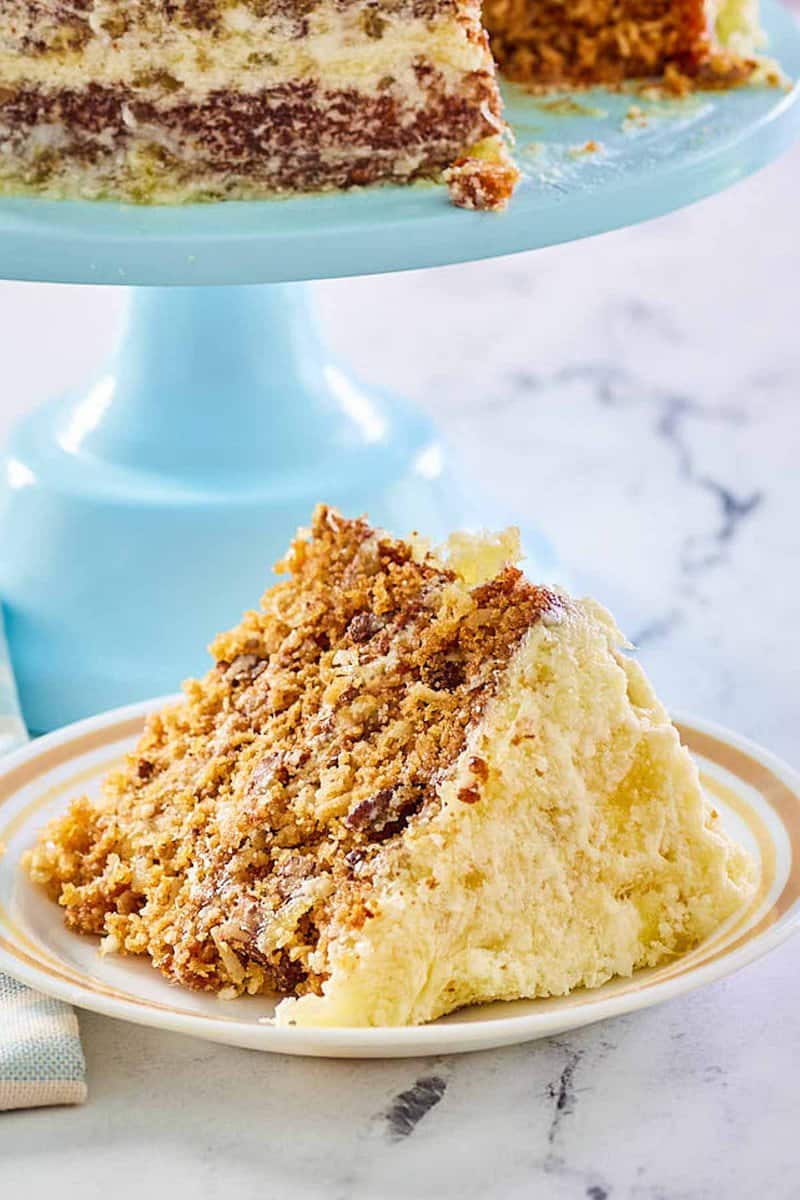 Hawaiian cake slice on a plate.