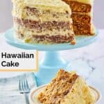 Hawaiian Cake slice on a plate in front of the cake.