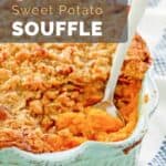 sweet potato souffle and a serving spoon in a baking dish.