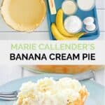 Marie Callender's banana cream pie ingredients and a slice of the pie.