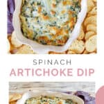 collage of copycat Olive Garden spinach artichoke dip.