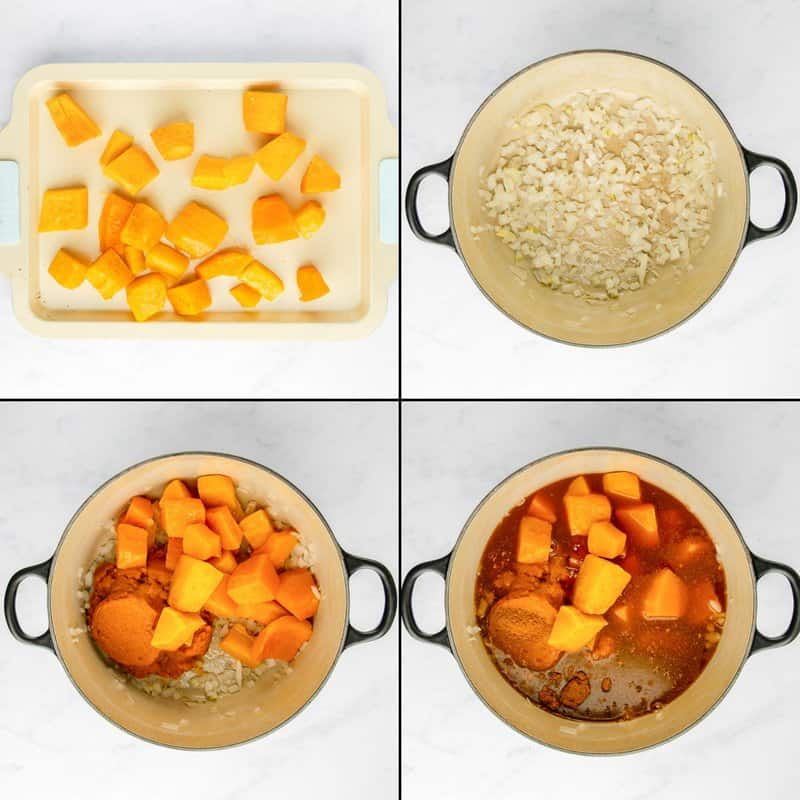 collage di passaggi della ricetta per la zuppa di zucca autunnale Panera.