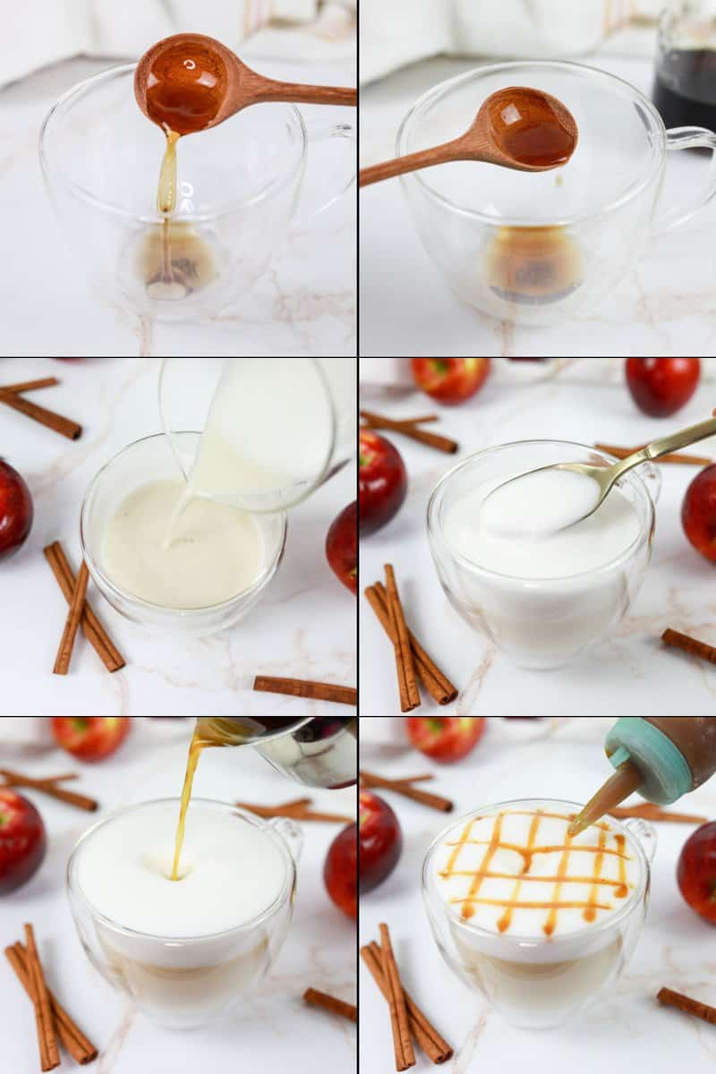 collage of Starbucks apple crisp oatmilk macchiato recipe steps.