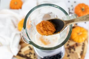 adding pumpkin puree to a blender.