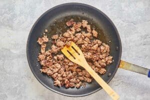 browned meat in a skillet.