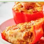 closeup of stuffed bell peppers with rice and meat.
