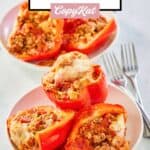 stuffed bell peppers and sauce on plates.