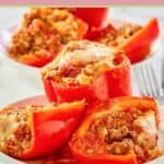 stuffed bell peppers and sauce on a plate.