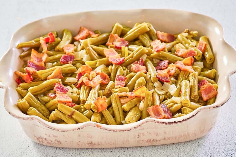 copycat Texas Roadhouse green beans in a serving dish.