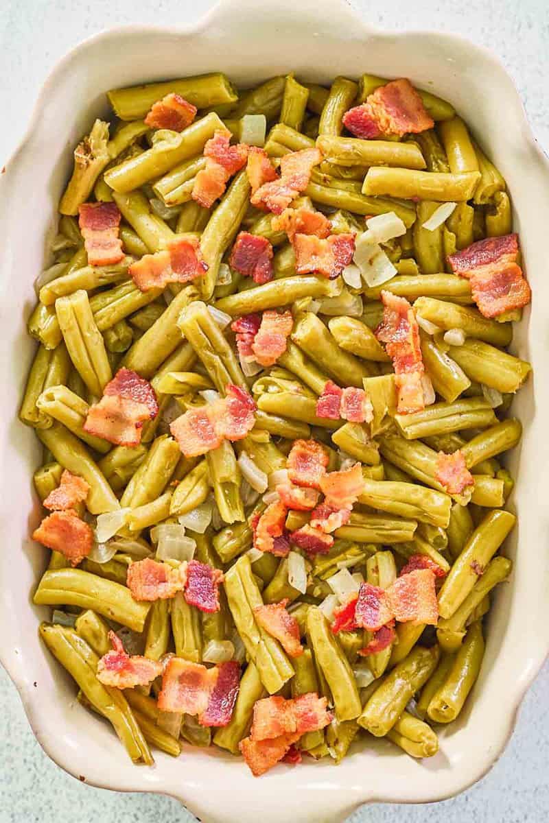 overhead view of copycat Texas Roadhouse green beans in a serving dish.