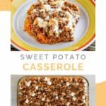 sweet potato casserole on a plate and in a baking dish.