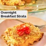 breakfast ham strata with cornflake topping serving on a plate.