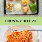 country beef pie ingredients and a slice of the pie.