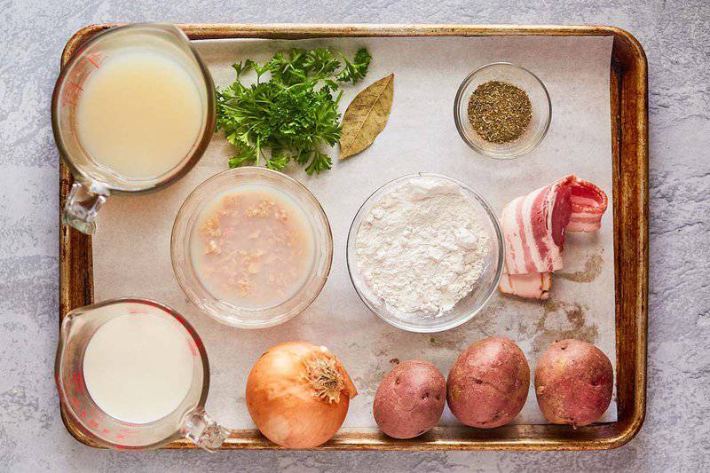 easy clam chowder ingredients on a tray.
