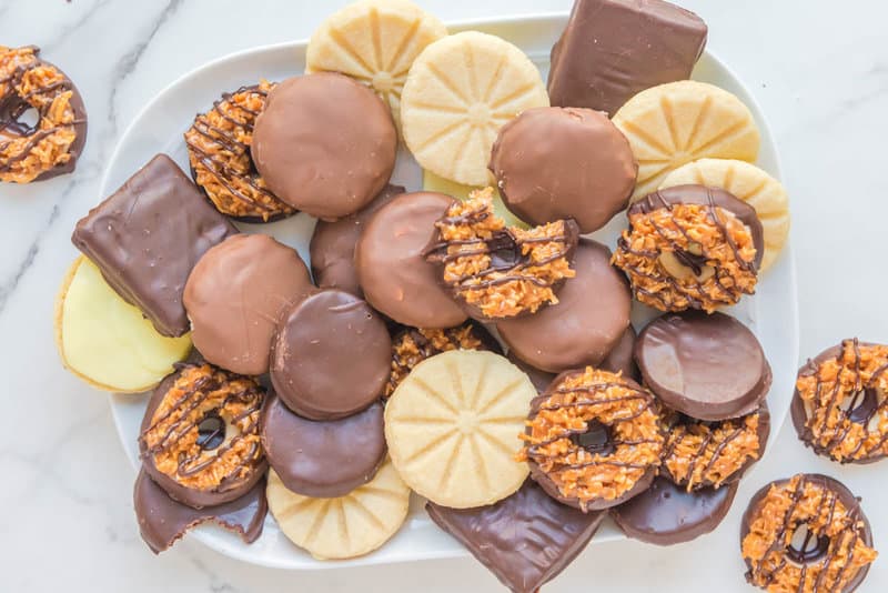 an assortment of copycat Girl Scout cookies on a tray.