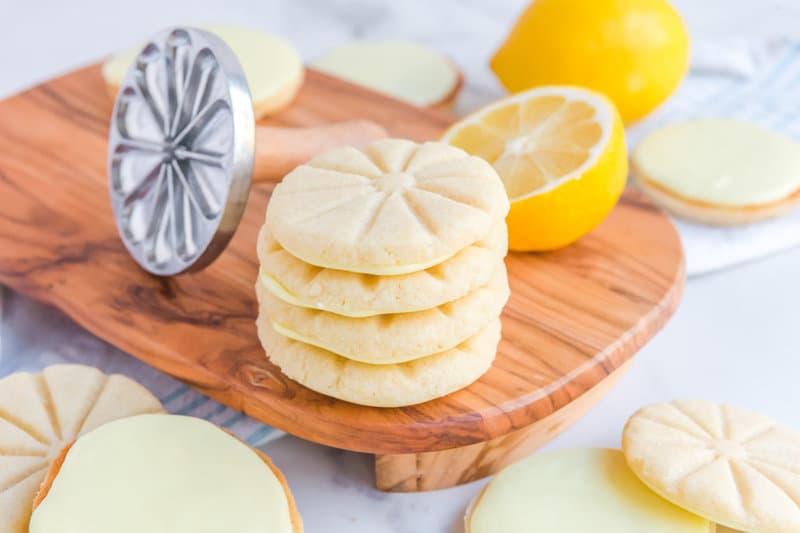 copycat Girl Scout lemonades cookies, lemons, and cookie stamp.