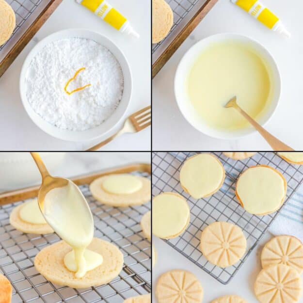 collage of steps for making lemon icing for Girl Scout lemonades.