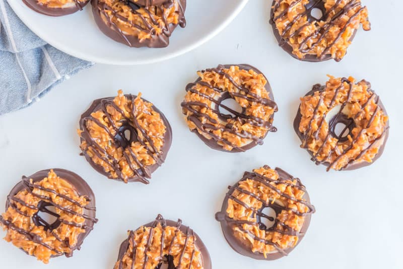 several homemade Girl Scout samoas cookies.