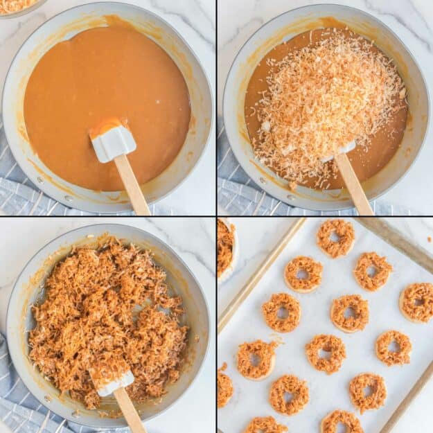 steps for making caramel coconut mixture for cookies.