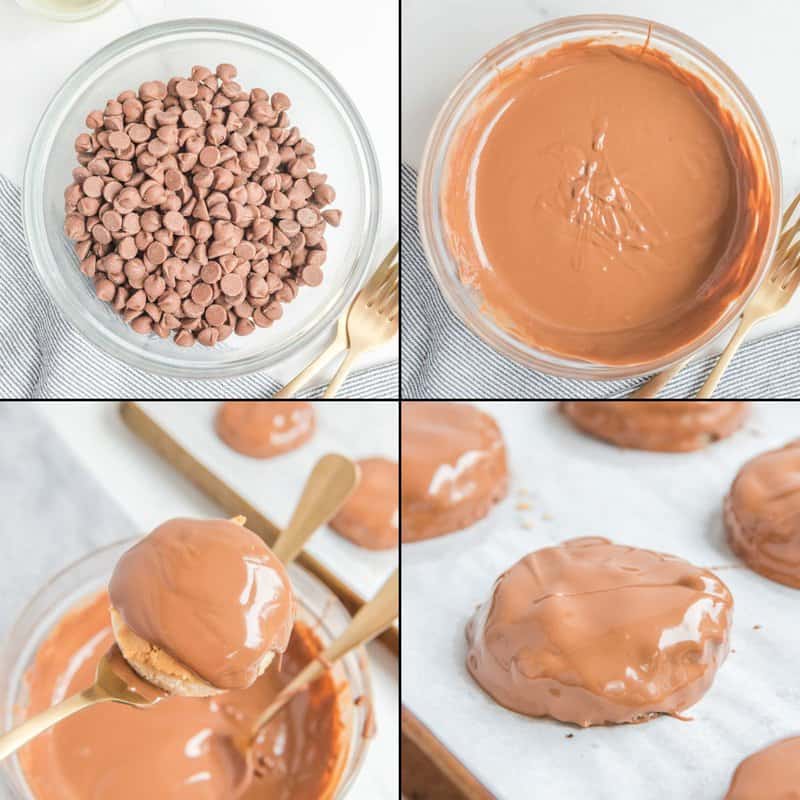 steps for melting chocolate and covering cookies with it.