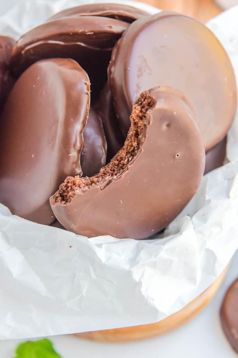 copycat girl scout thin mints cookies in a bowl.