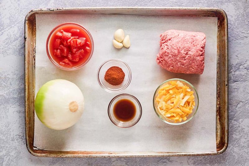 hamburger hash ingredients on a tray.