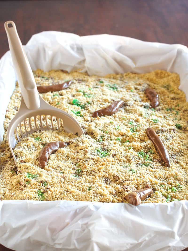 kitty litter cake in a pan.