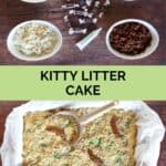 kitty litter cake ingredients and the finished cake.