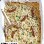 overhead view of a kitty litter box cake with a scoop.