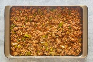 Mexican beef and rice mixture in a baking dish.