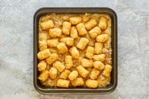 Mexican tater tot casserole before baking.