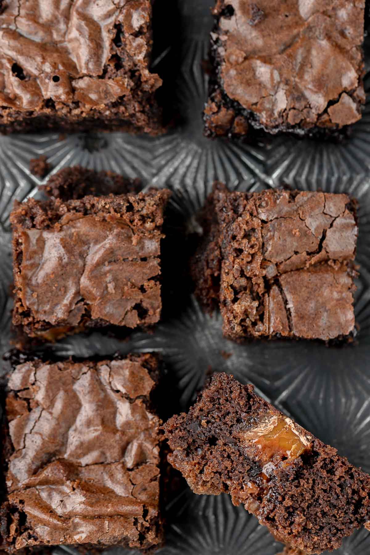 overhead view of milky way brownies on a metal tray.