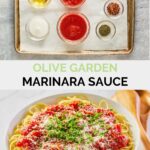 Ingredienti della salsa marinara Olive Garden e la salsa finita sugli spaghetti.