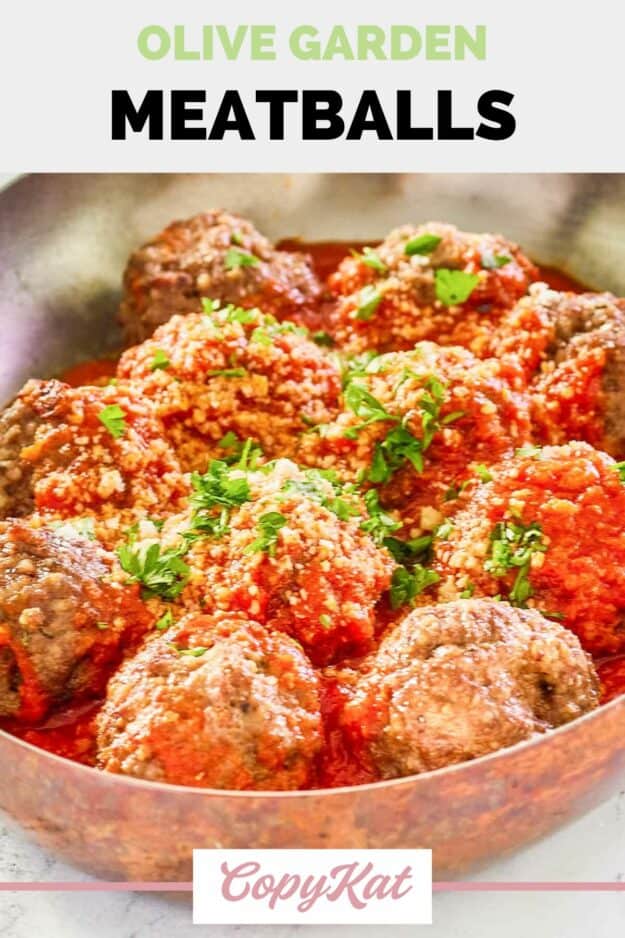 closeup of homemade Olive Garden meatballs and marinara.