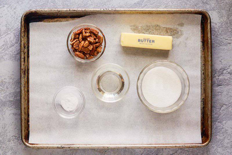 pecan brittle ingredients on a tray.